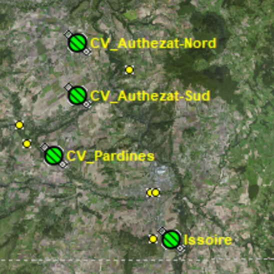 Carte du planificateur de vols de Condor avec quelques champs vachables