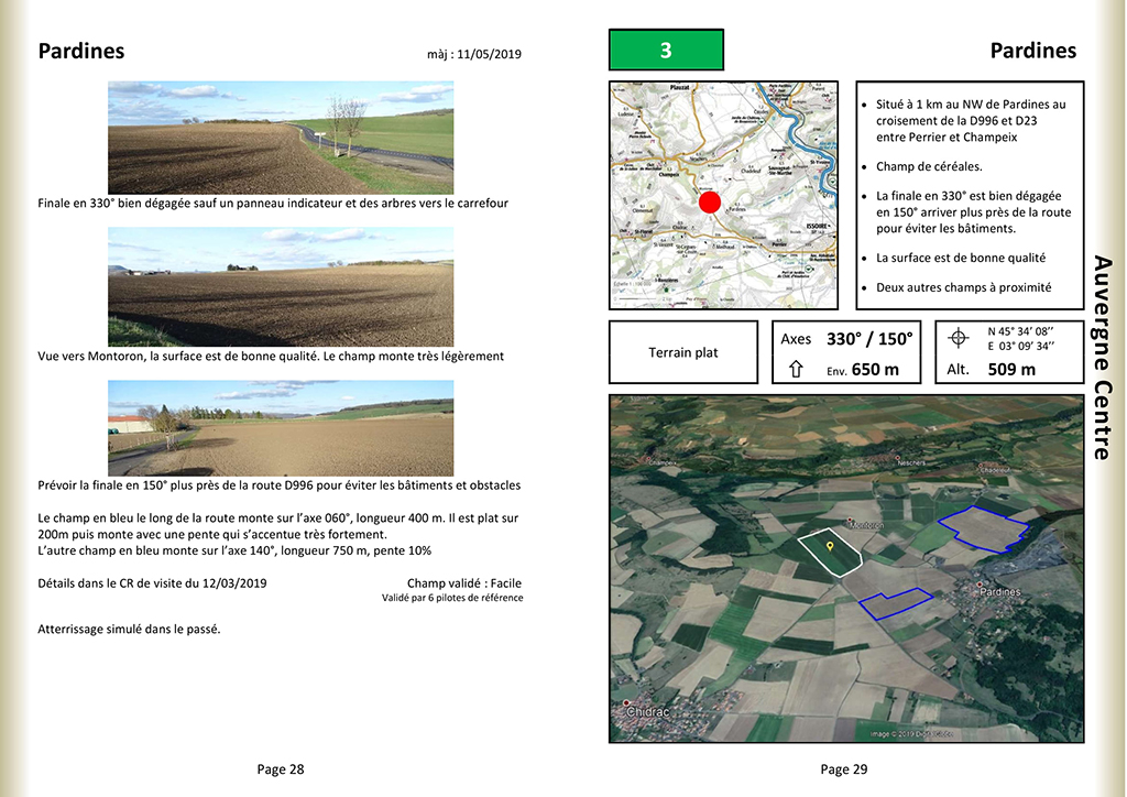 Deux pages du guide des champs vachables en Auvergne. Elles concernent le champ de Pardines
