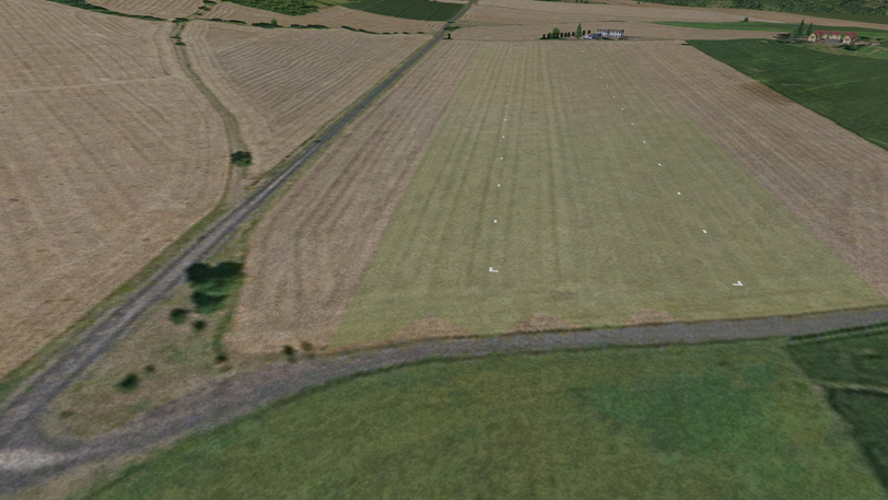 Image d'une piste virtuelle sur un champ vachable que le pilote verra lors de son atterrissage