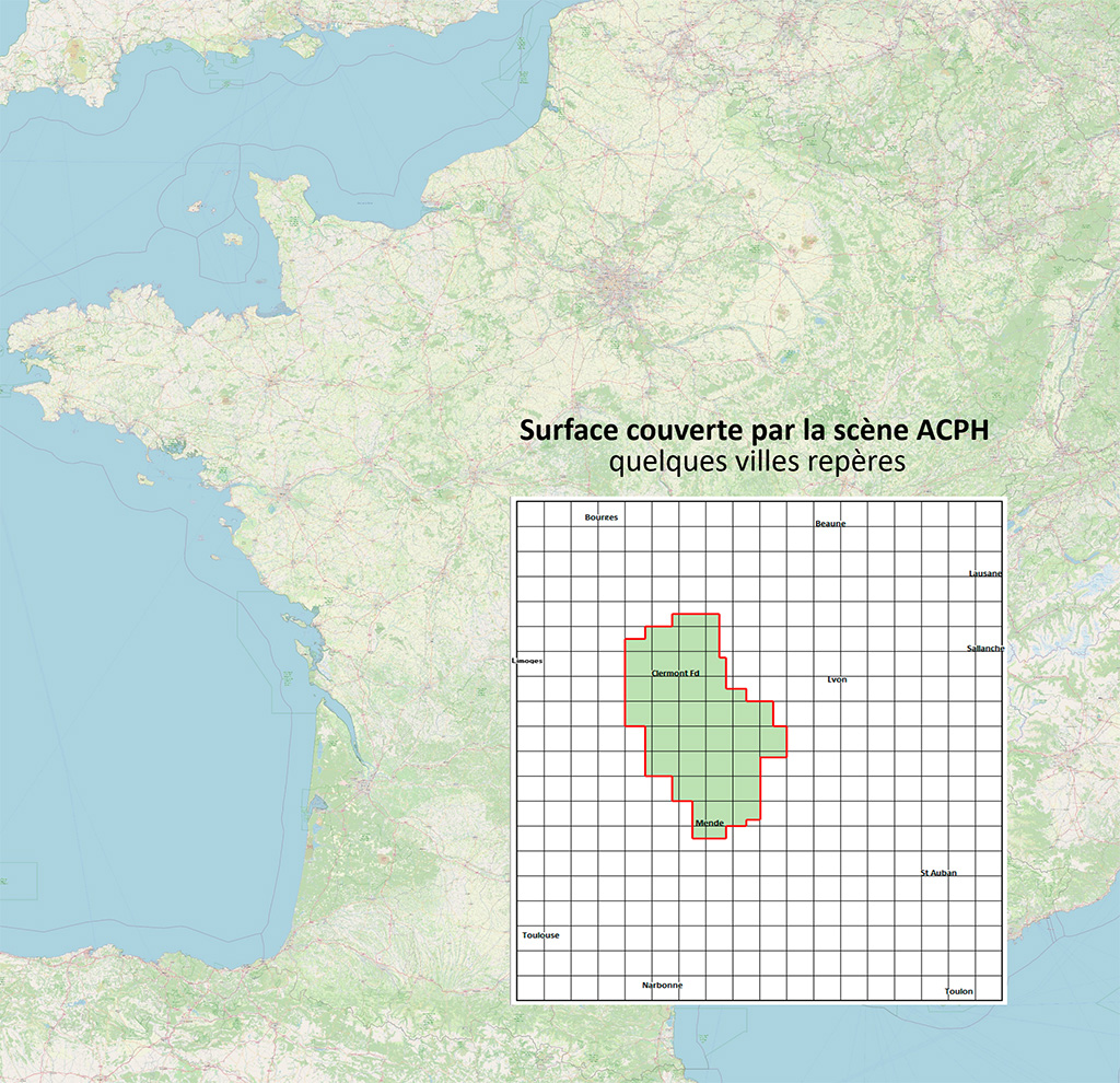 Carte de France avec la surface couverte par la scène ACPH et la partie Auvergne
