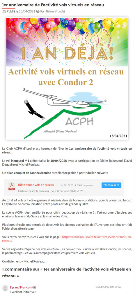 Historique des vols réseau pour le premier anniversaire. Article publié par le club ACPH Issoire