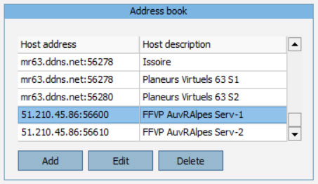 Copie d'écran de l'Adress Book de Condor avec la liste des serveurs pour les vols en réseau
