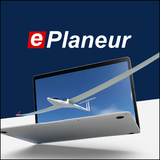 Logo d'accueil des pages Web du site. Un planeur sort de l'écran d'un PC au-dessus duquel est écrit ePlaneur