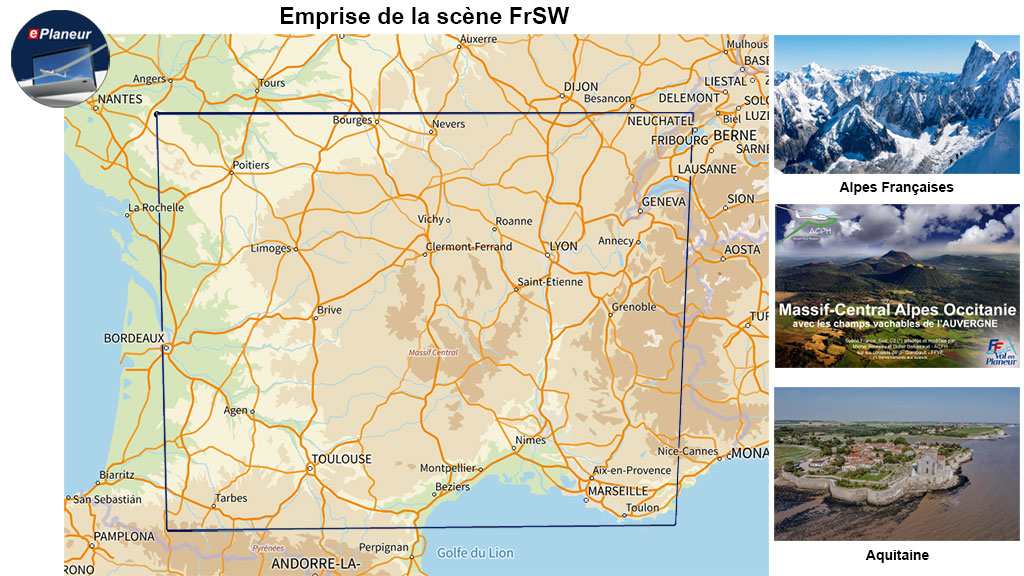Emprise de la scène SW sur une carte de France. Du Nord au Sud on peut voler de Bourges jusqu'à Toulon. D'Est en Ouest du Mont Blanc jusqu'à Bordeaux.