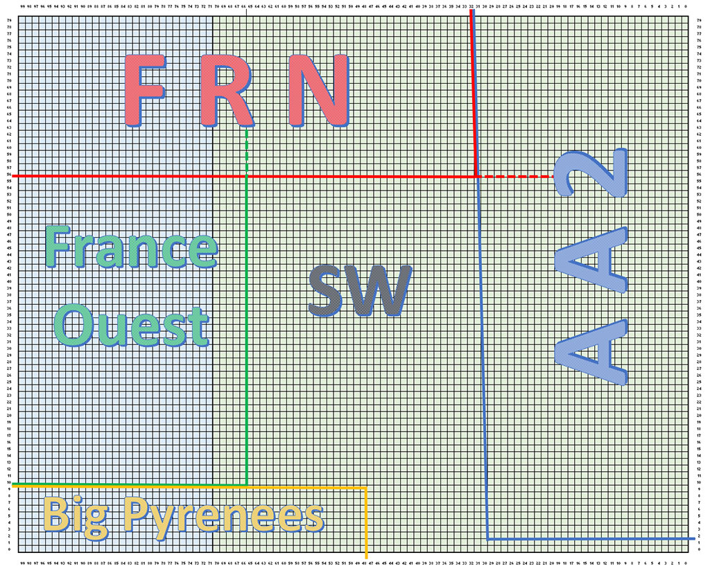 Ce schéma montre les zones en intersection avec les scènes France Ouest (à l'Ouest), BigPyrennees (au Sud-Ouest), AA2 (à l'Est) et FRN (au Nord) 