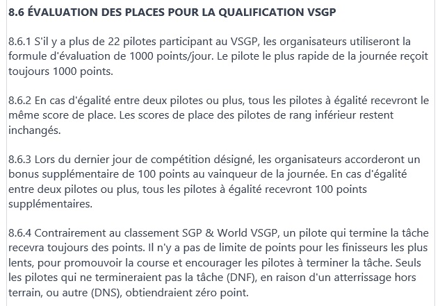 Règlement VSGP, chapitre 8.6 du Championnat de France ePlaneur 2024